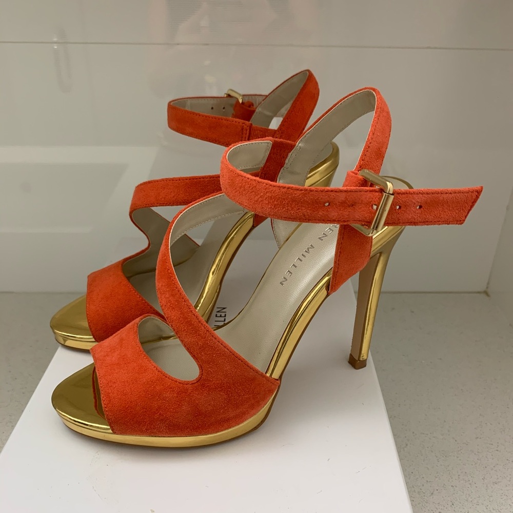 Karen Millen suede strappy heels, orange, sz.6-6.5 - Picture 7 of 9